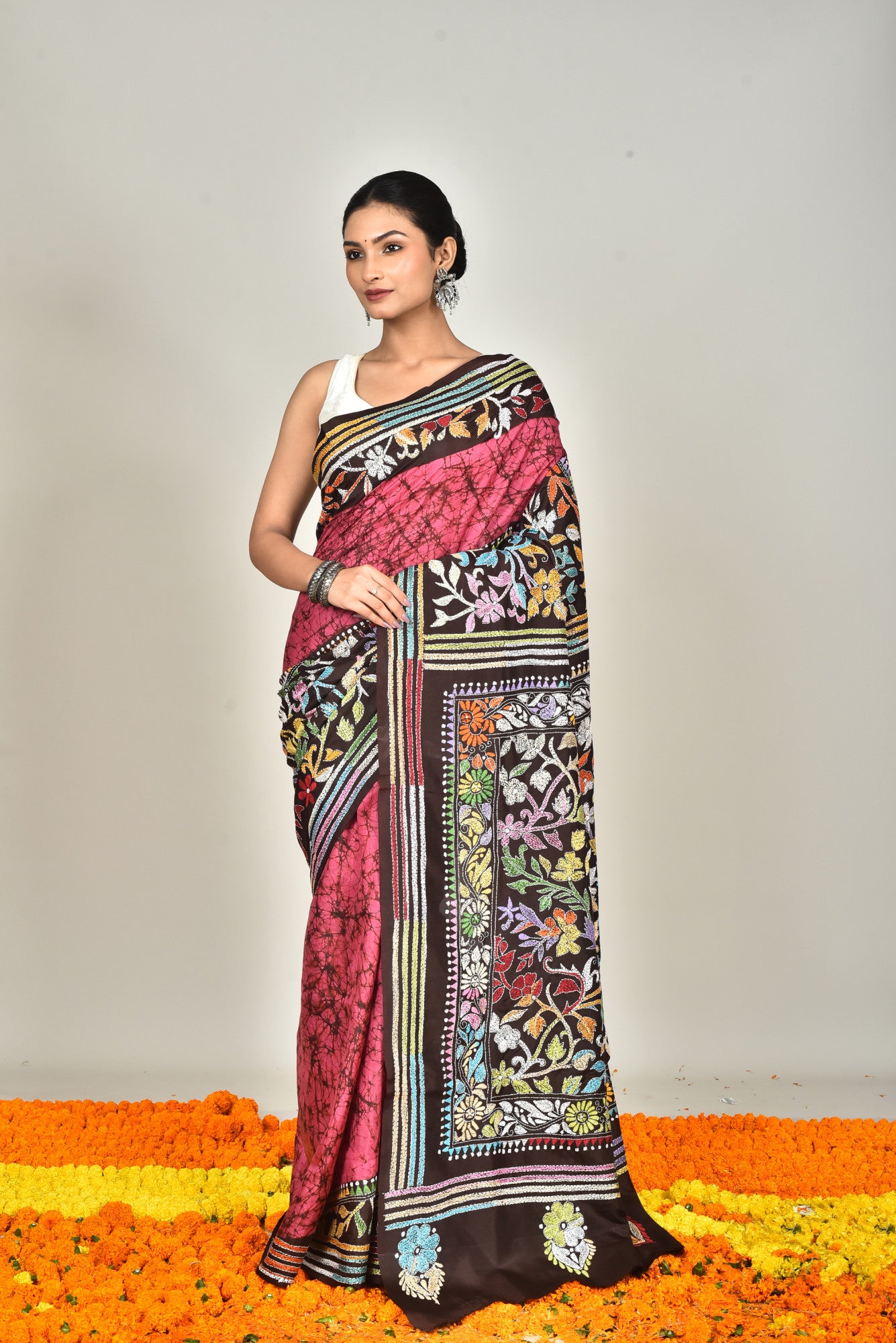 BANGALORE SILK BATIK KANTHA SAREE