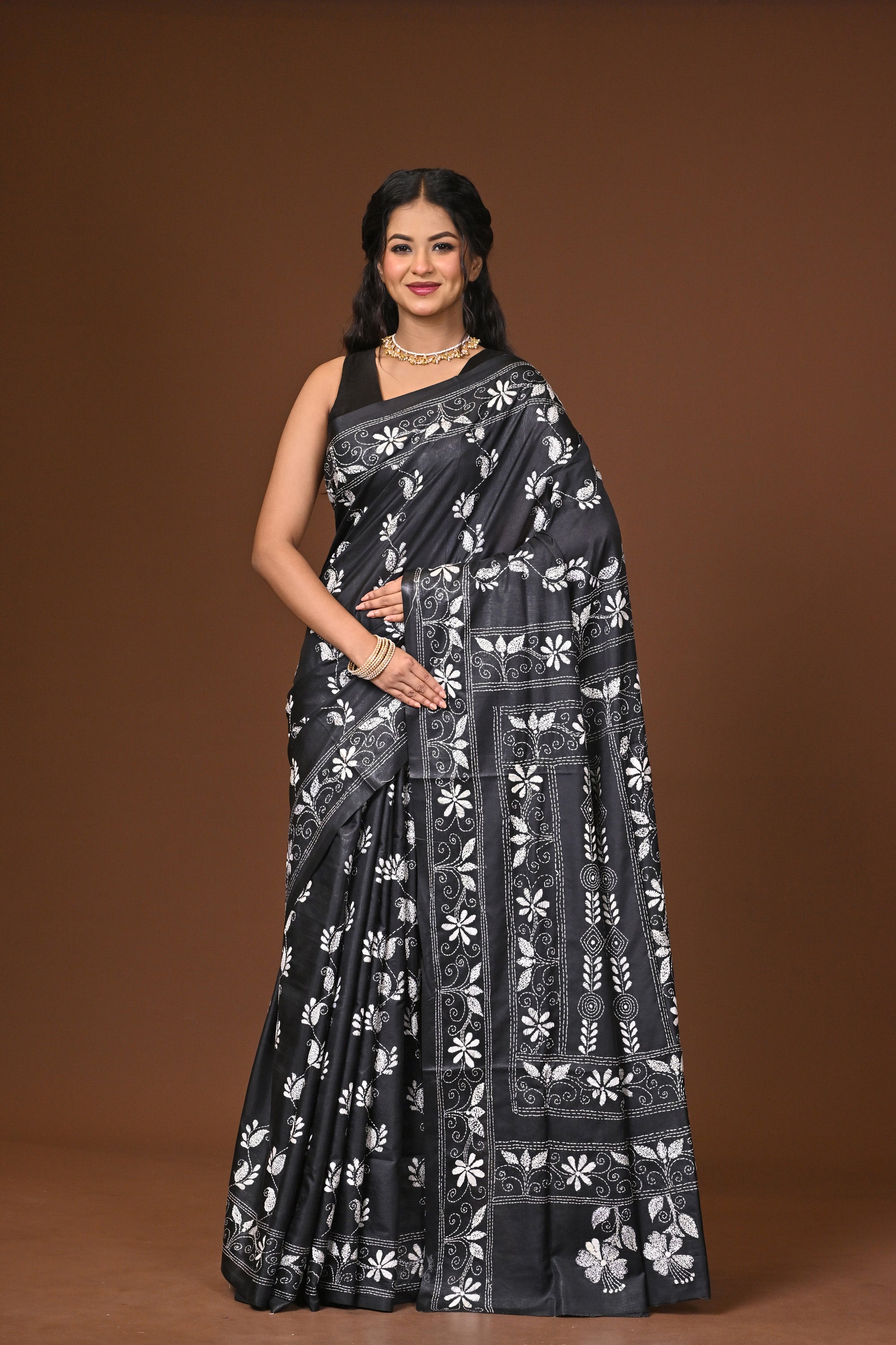 Blended Silk Kantha Stitch Saree Black Thumbnail
