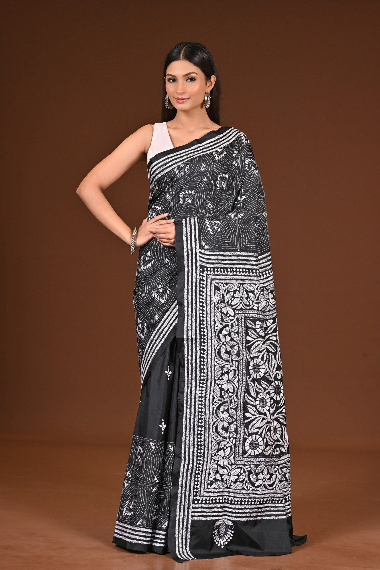 Blended Silk Kantha Stitch Saree Black Thumbnail