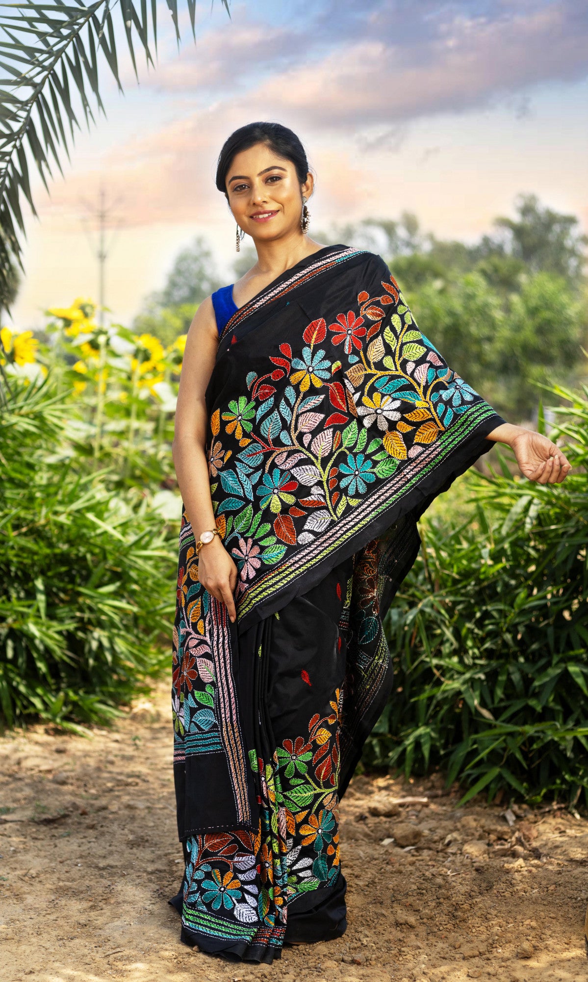 Blended Silk Kantha Stitch Saree Black Thumbnail
