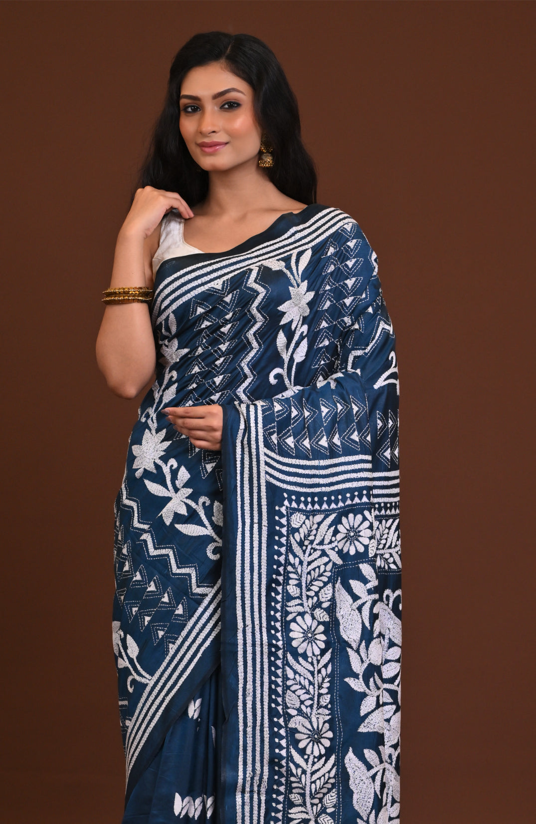 Blended Silk Kantha Stitch Saree Blue Thumbnail