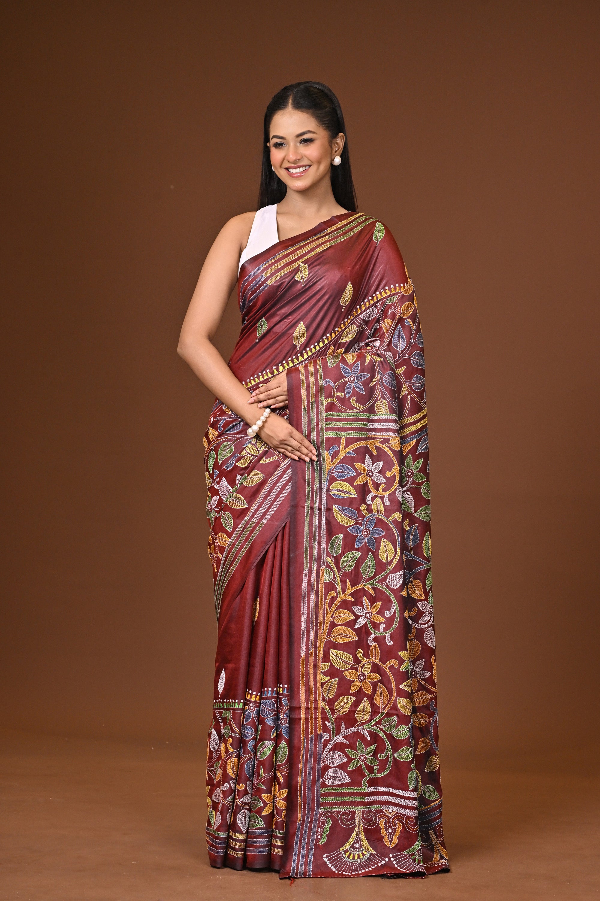 Blended Silk Kantha Stitch Saree Brown Thumbnail