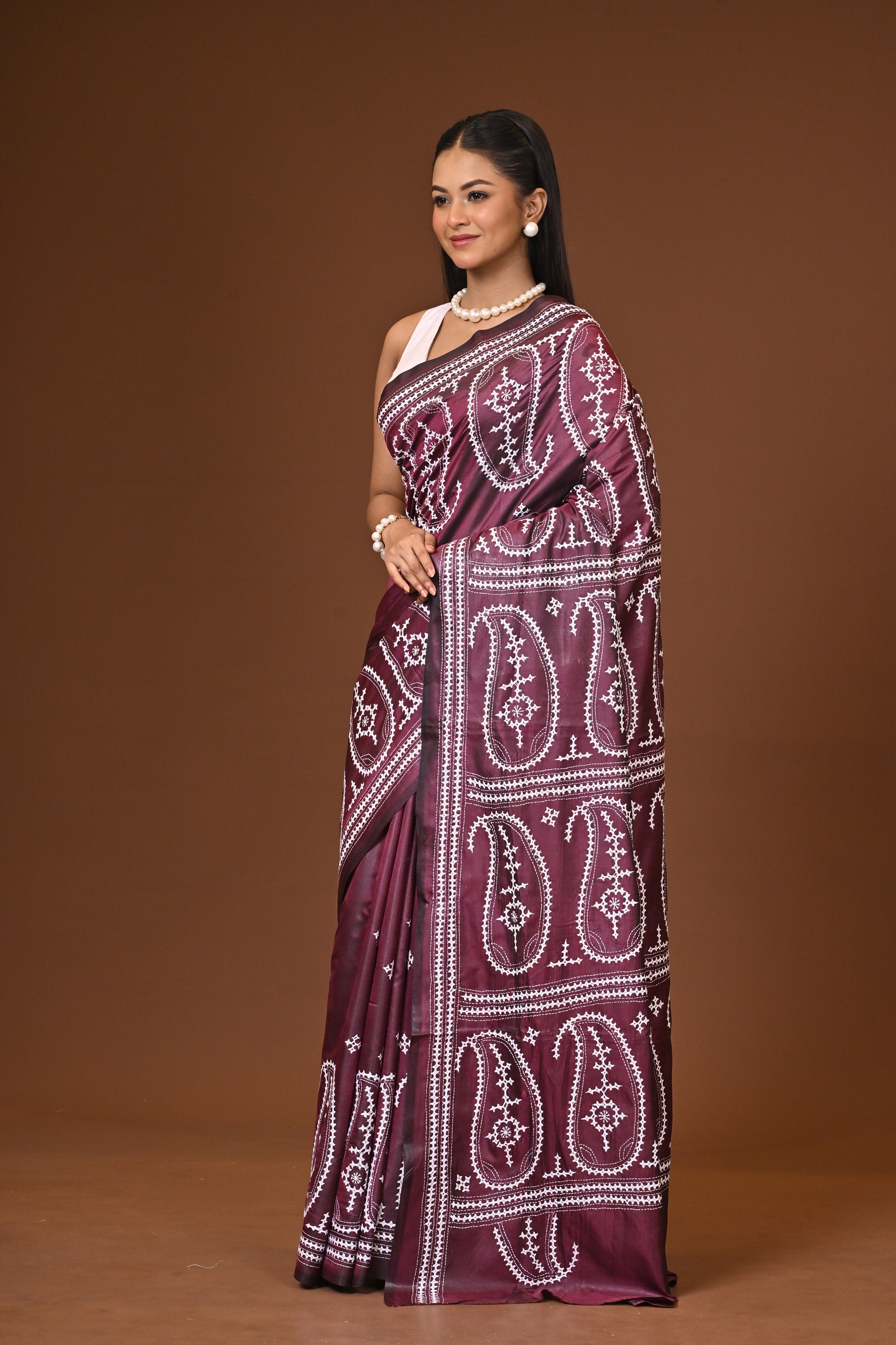 Blended Silk Kantha Stitch Saree Brown Thumbnail