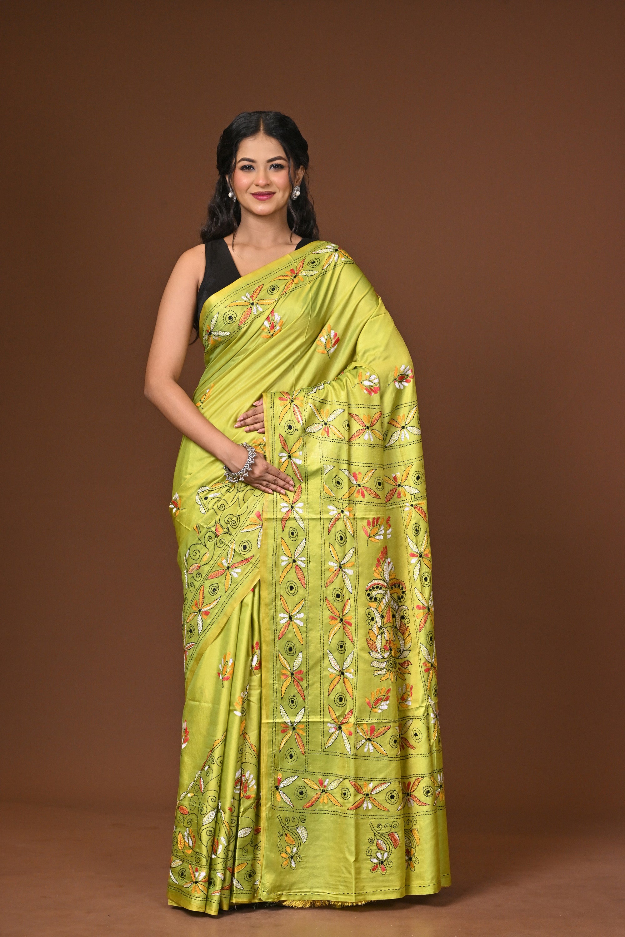 Blended Silk Kantha Stitch Saree Lime Yellow Thumbnail