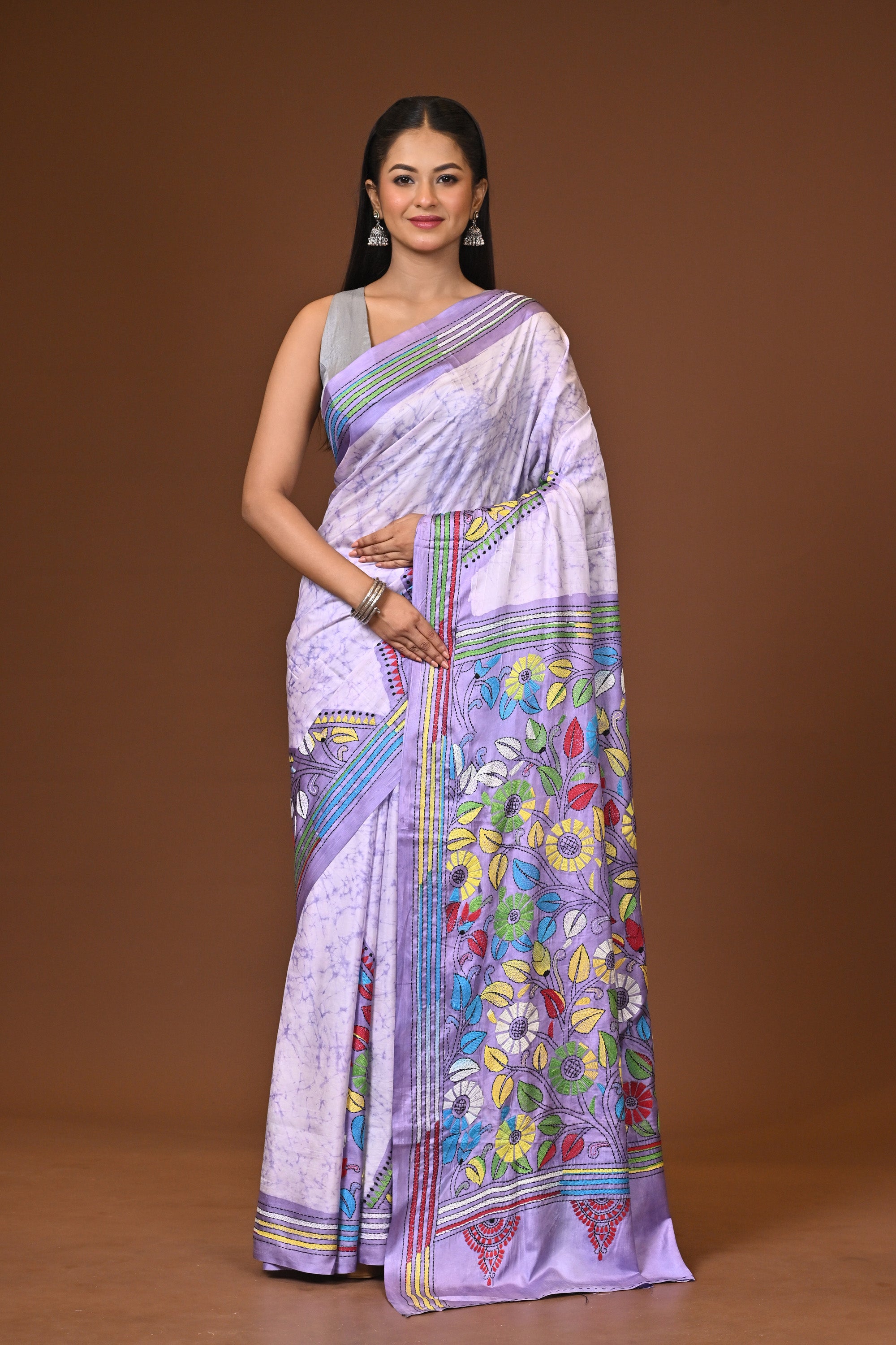 Blended Silk Kantha Stitch Saree Multicolor Thumbnail
