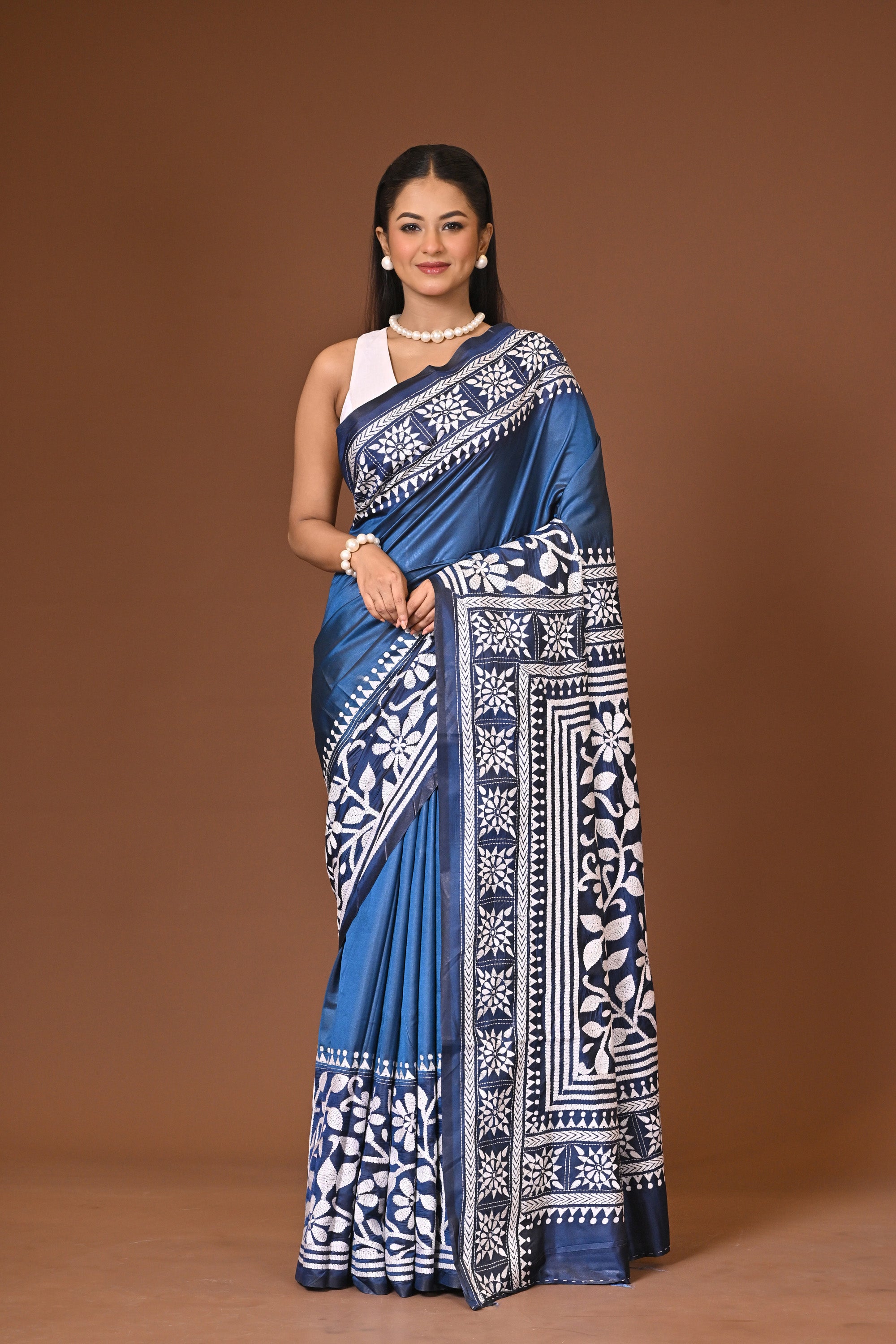 Blended Silk Kantha Stitch Saree Navy Blue Thumbnail