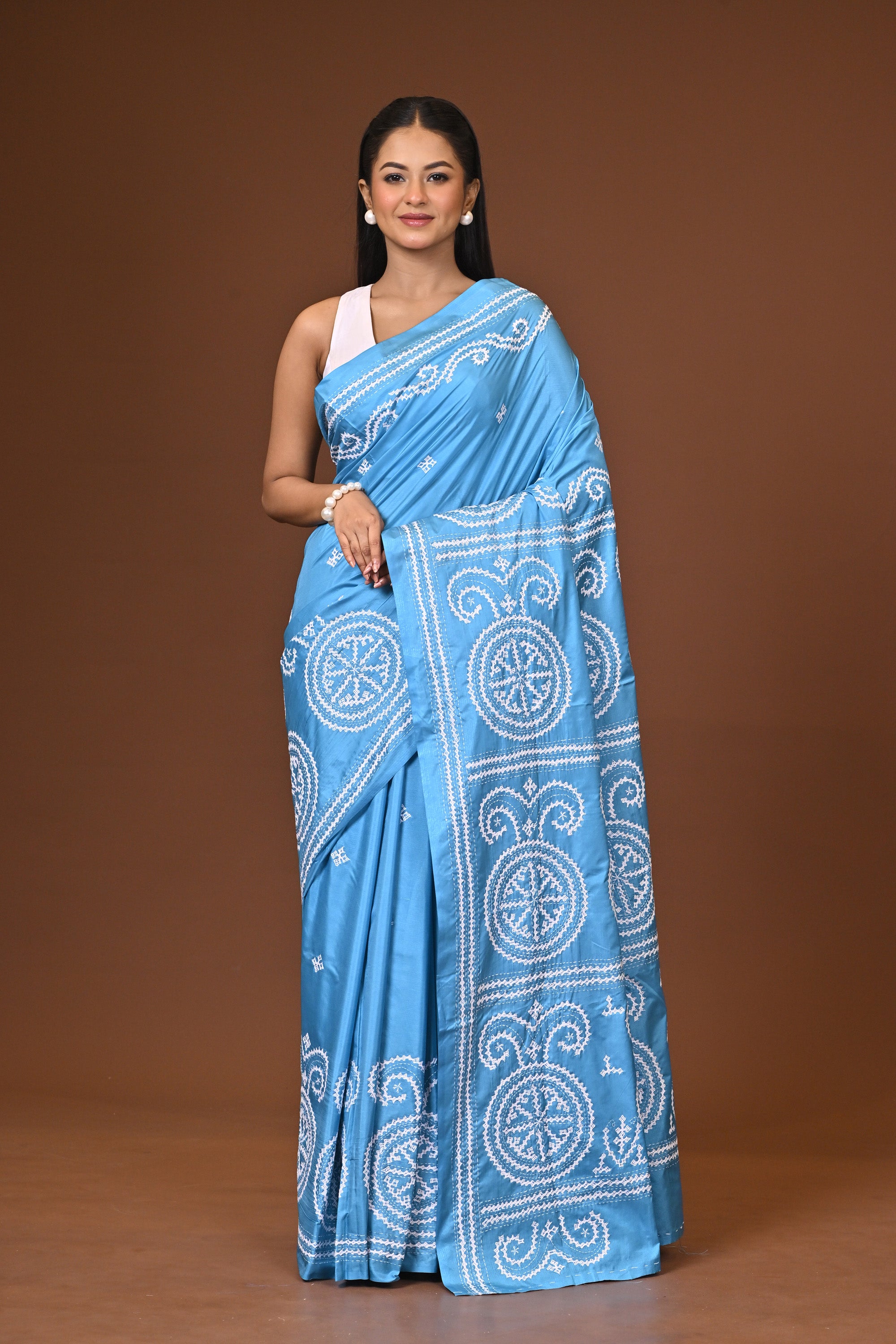Blended Silk Kantha Stitch Saree Ocean Blue Thumbnail