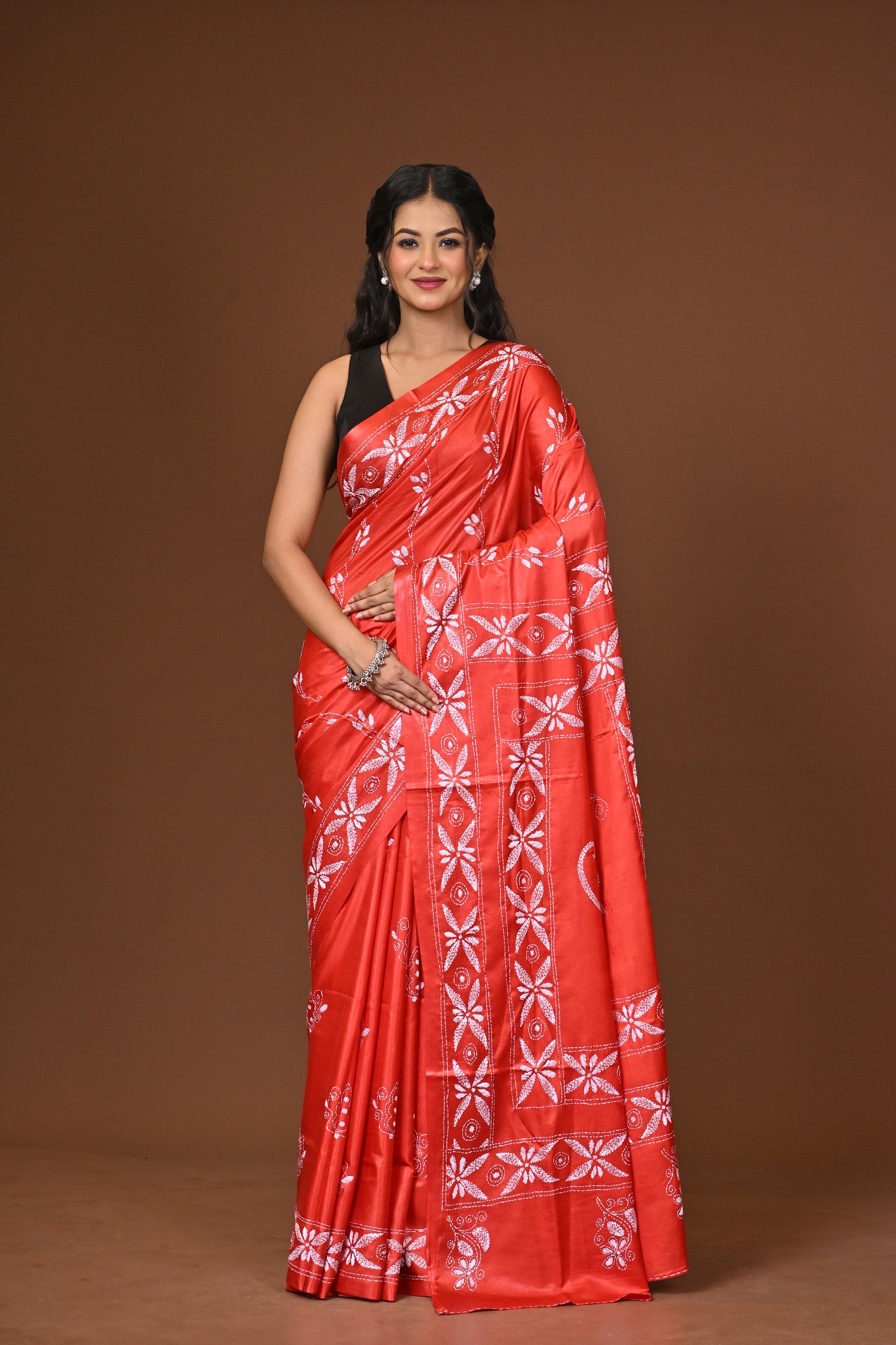 Blended Silk Kantha Stitch Saree Red Thumbnail