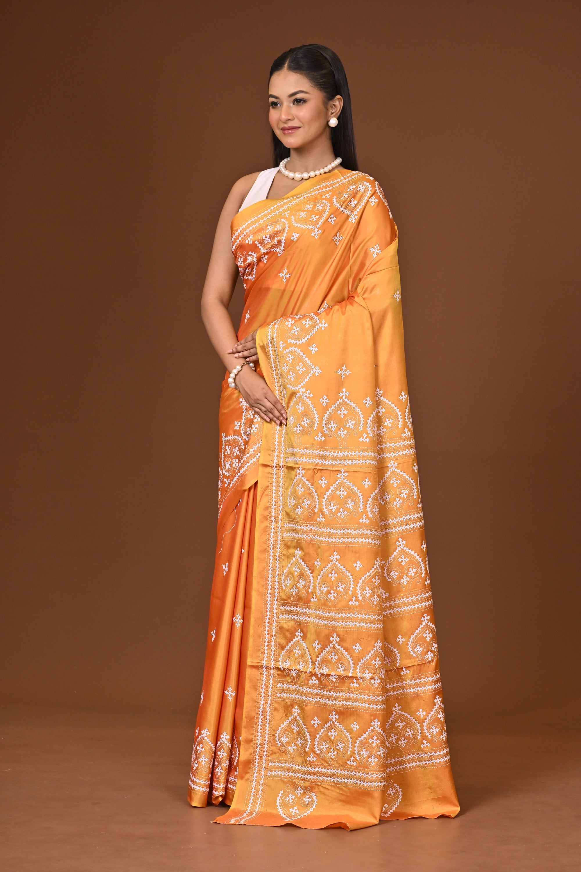 Blended Silk Kantha Stitch Saree Velvet Yellow Thumbnail