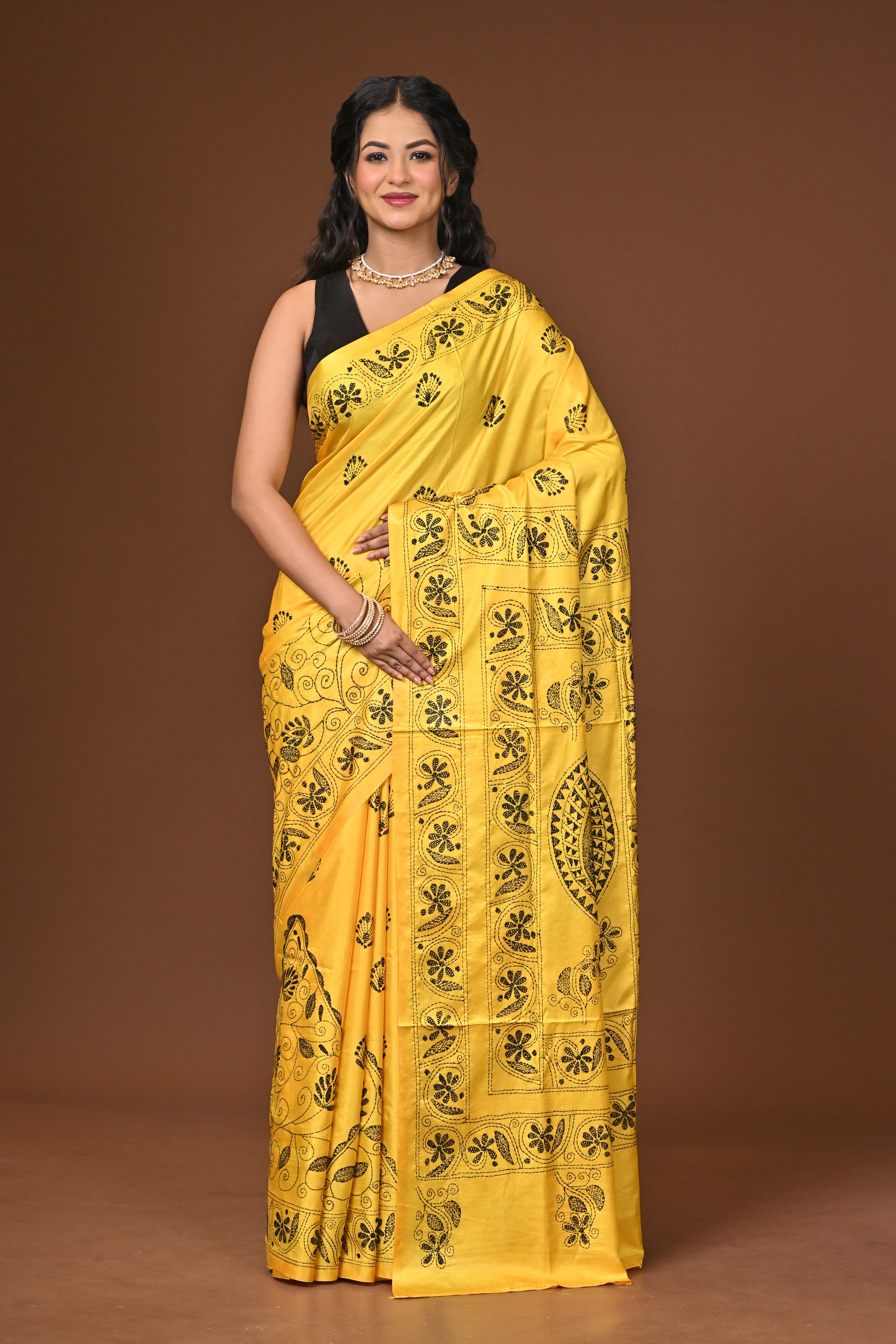 Blended Silk Kantha Stitch Saree Yellow Thumbnail