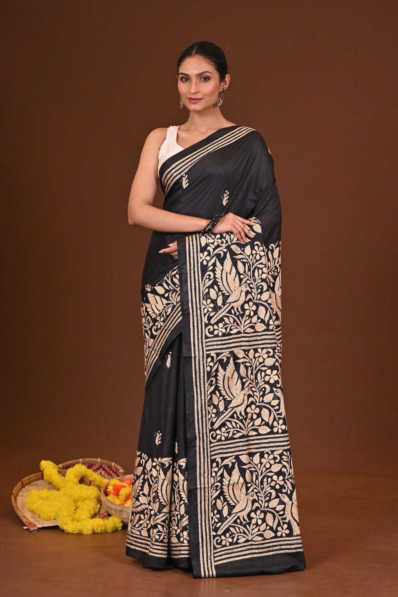 KALOKAJOL Blended Silk Kantha Stitch Saree Black Thumbnail