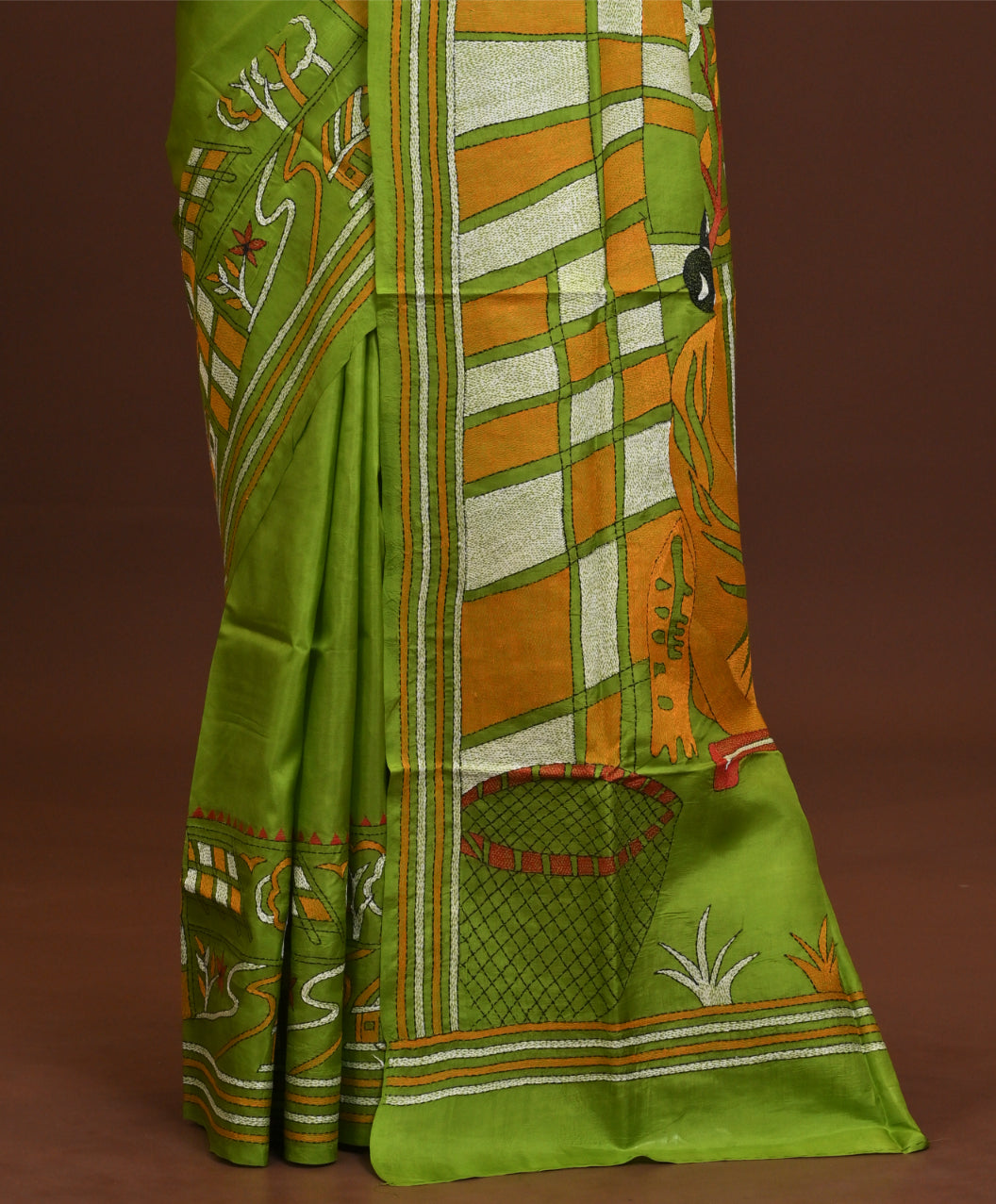 Pure Silk Kantha Stitch Saree Green Thumbnail