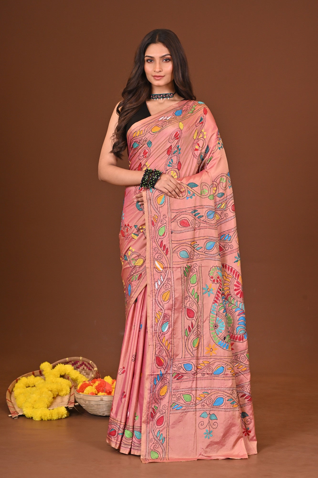 Rongmela Blended Silk Kantha Stitch Saree Pink Thumbnail