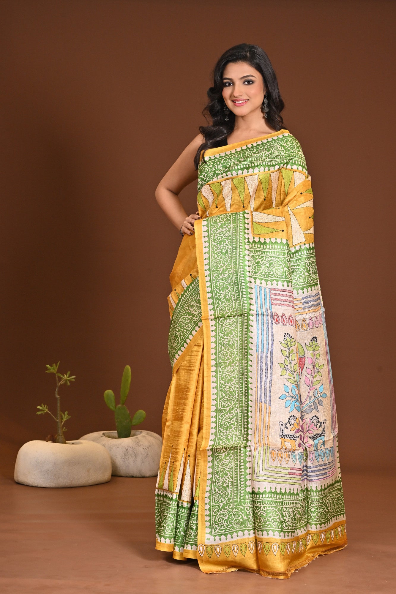 TUSSAR DYE BLOCK KANTHA SAREE Thumbnail