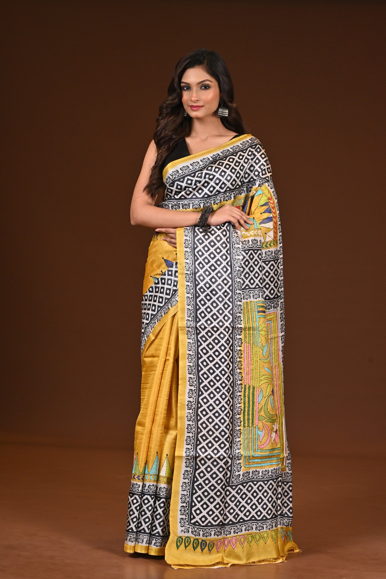 TUSSAR DYE  BLOCK KANTHA SAREE Thumbnail