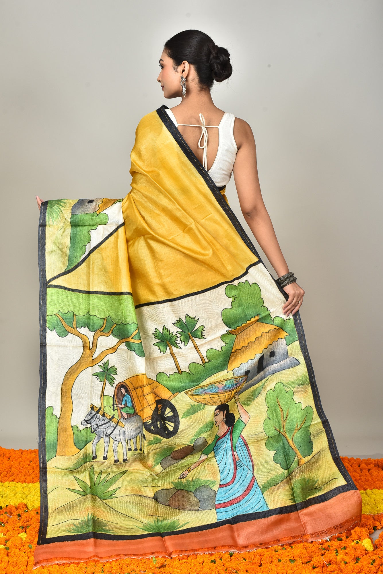 TUSSAR HANDPRINT  KANTHA SAREE