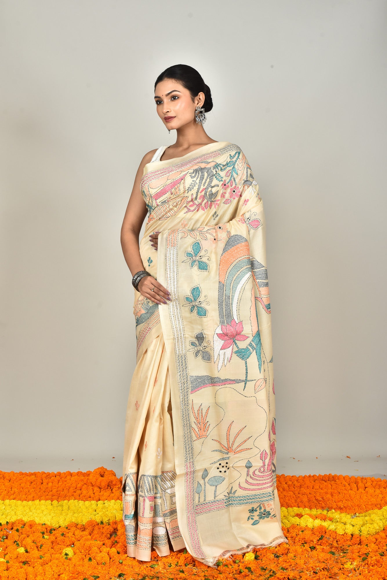 Tussar Silk Kantha Stitch Saree
