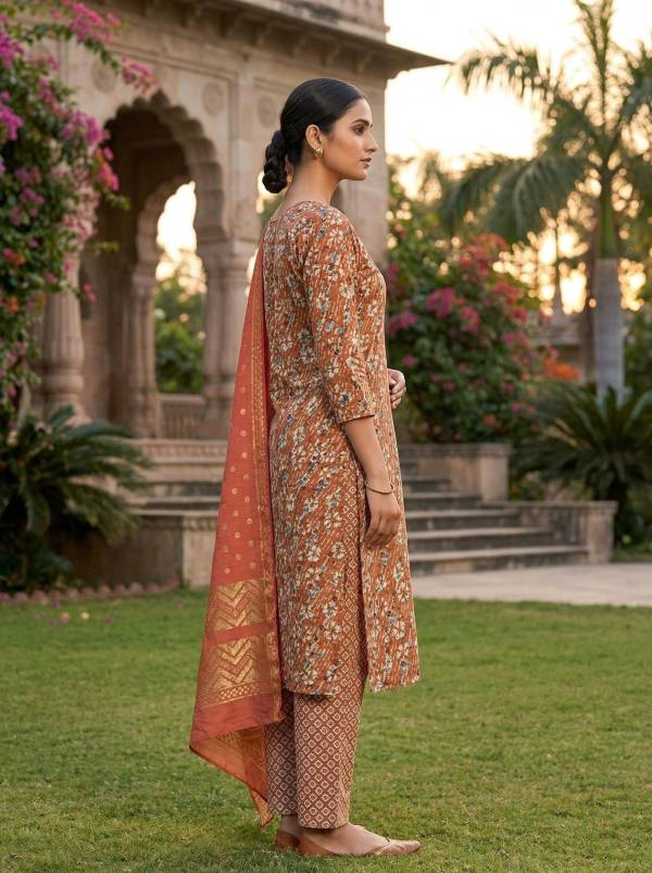 Rust Orange Cotton Printed Kurti Pant Dupatta Set (3 Pc Ethnic Set) (Copy) Thumbnail
